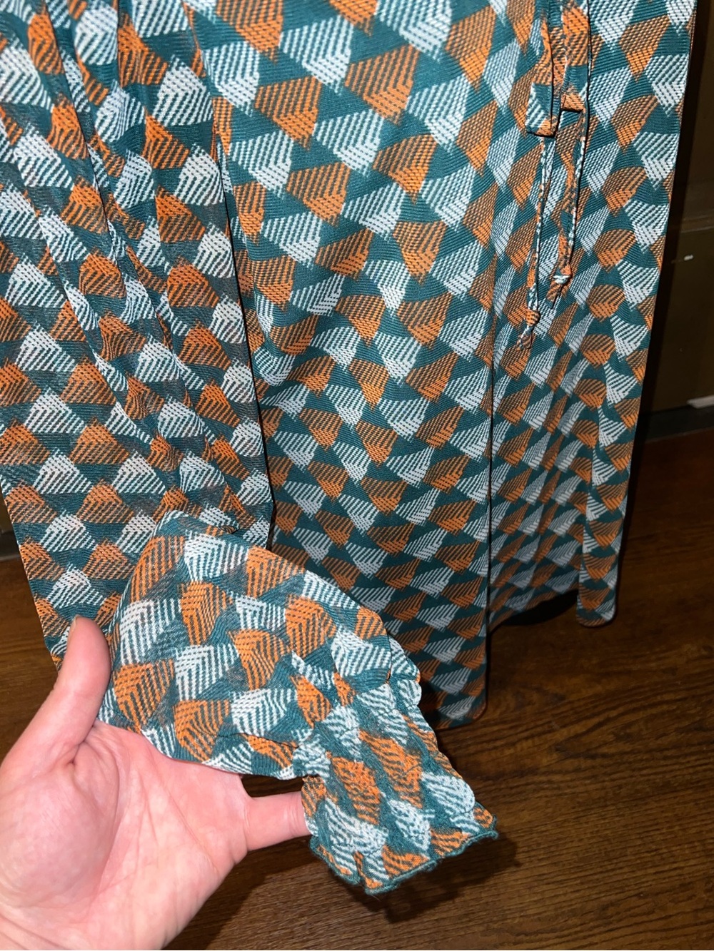 Geometric Teal Retro Blouse 70’s Ruffle Puff Balloon Sleeve Orange Boho Size L - Picture 9 of 12
